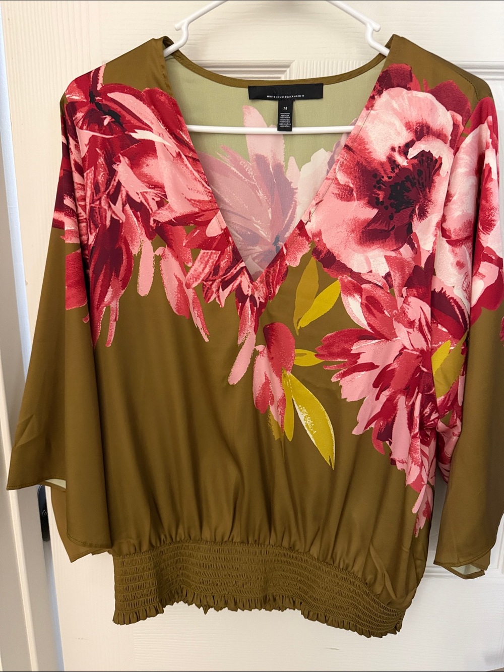 White House Black Market Olive Top with Pink Floral Print